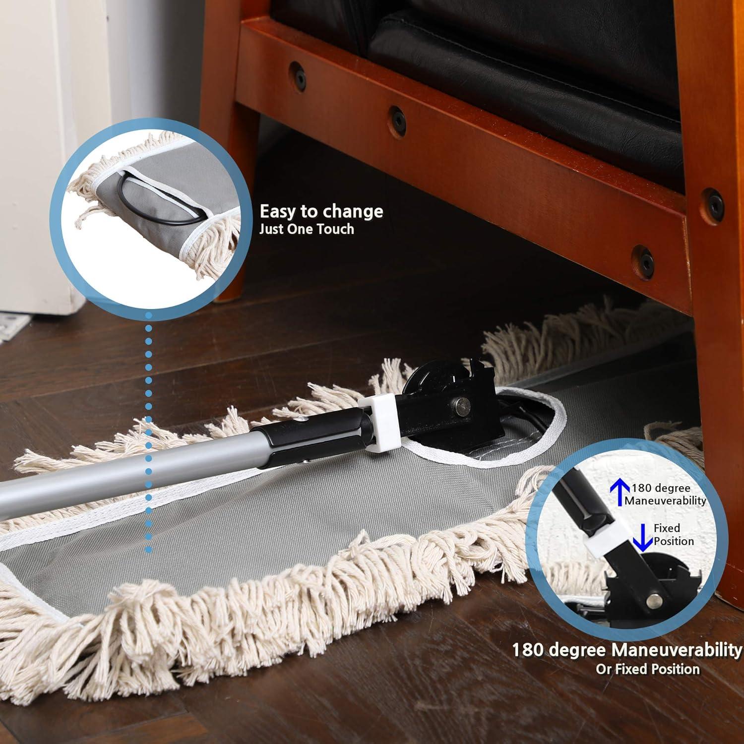 24" Industrial Cotton Floor Dust Mop with adjustable Steel Handle - Commercial Mops for Hardwood, Tiles, Laminate, Vinyl, Garage epoxy, Bamboo surface cleaning and Flooring Push Dust Broom