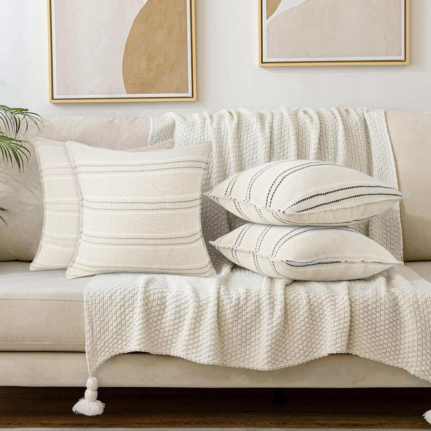 Beige and Navy Blue Farmhouse Stripe 18" Pillow Covers Set