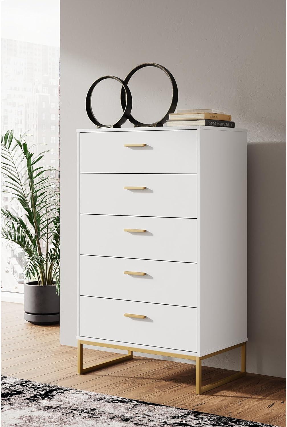 Signature Design by Ashley Socalle 5 Drawer Tall Dresser, White/Gold