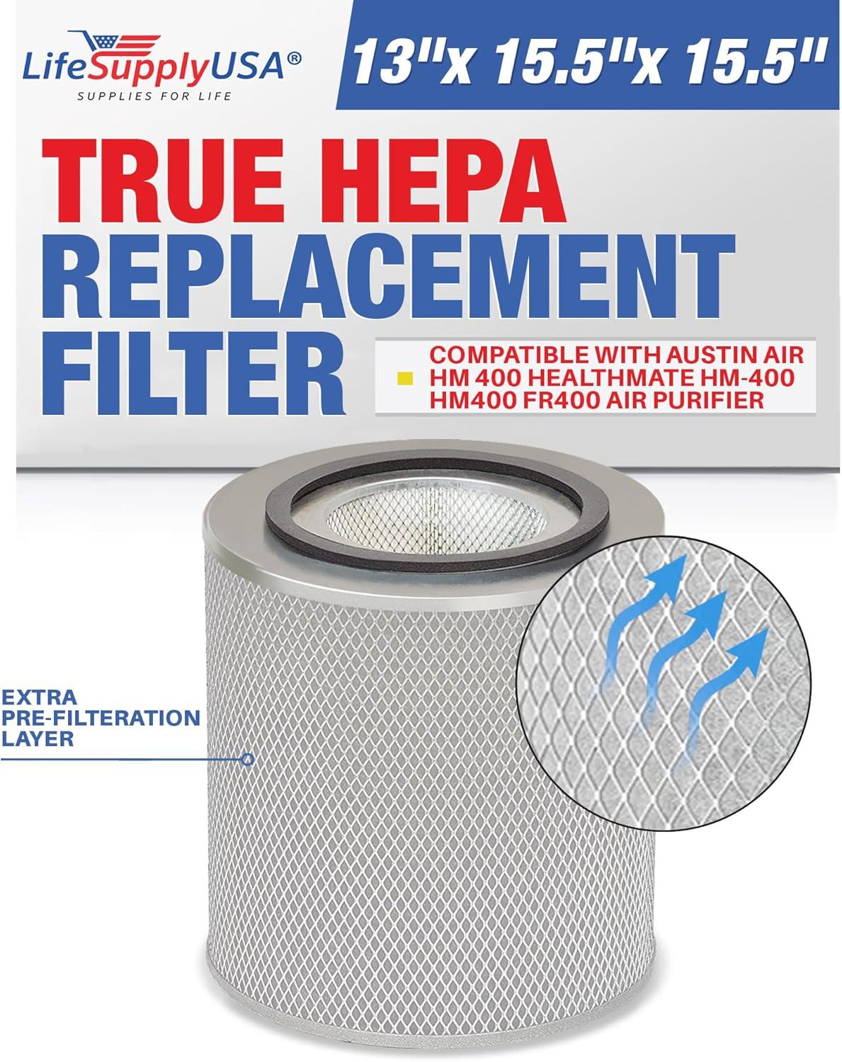 LifeSupplyUSA True HEPA Filter Replacement Compatible with Austin Air HM 400 HealthMate HM-400 HM400 FR400 Air Purifier