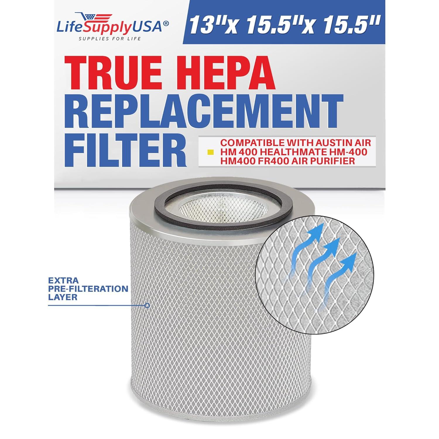 LifeSupplyUSA True HEPA Filter Replacement Compatible with Austin Air HM 400 HealthMate HM-400 HM400 FR400 Air Purifier