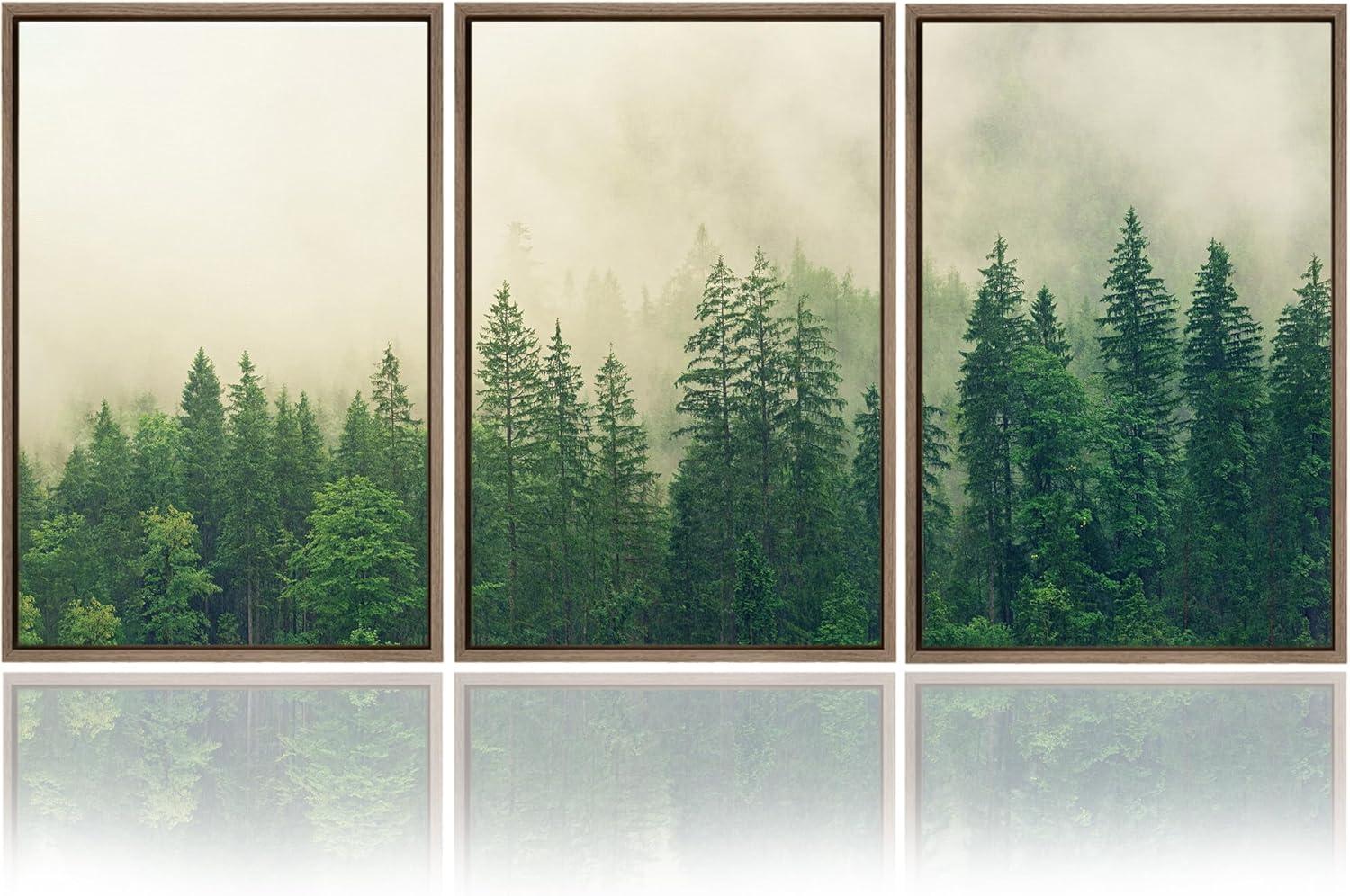 Misty Forest Green Pine Tree Canvas Triptych Wall Art