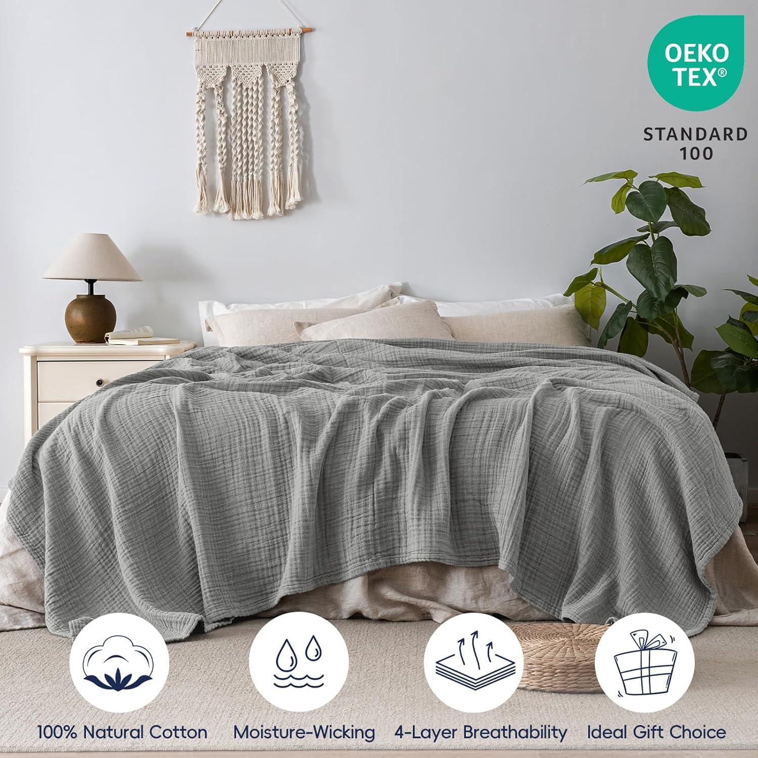 PHF 100% Cotton Muslin Blanket King Size 108" x 90", 4-Layer Lightweight and Breathable Blanket for Summer, Luxuriously Soft Gauze Bedding for Bed, Natural Minimalism Style, Ideal, Gift Grey