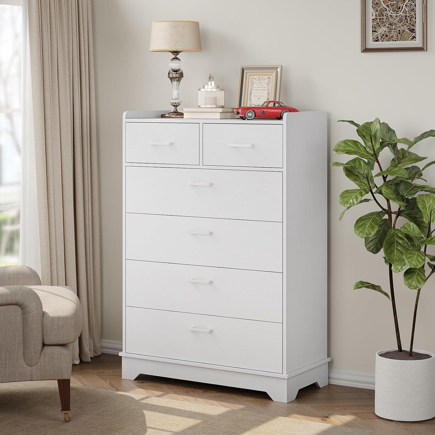 Homfa White Dresser with 6 Drawers, Vertical Chest of Drawers Wood Storage Cabinet for Bedroom Living Room