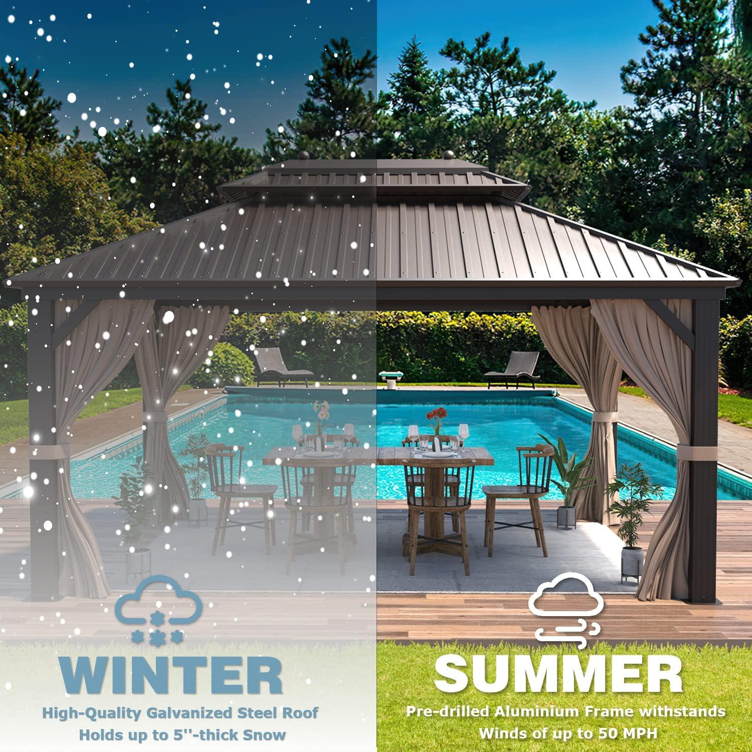 MELLCOM 10'x13' Hardtop Gazebo Double Roof Galvanized Steel Canopy with Aluminum Frame, Permanent Metal Pavilion with Netting and Curtains for Patio, Gardens and Lawns