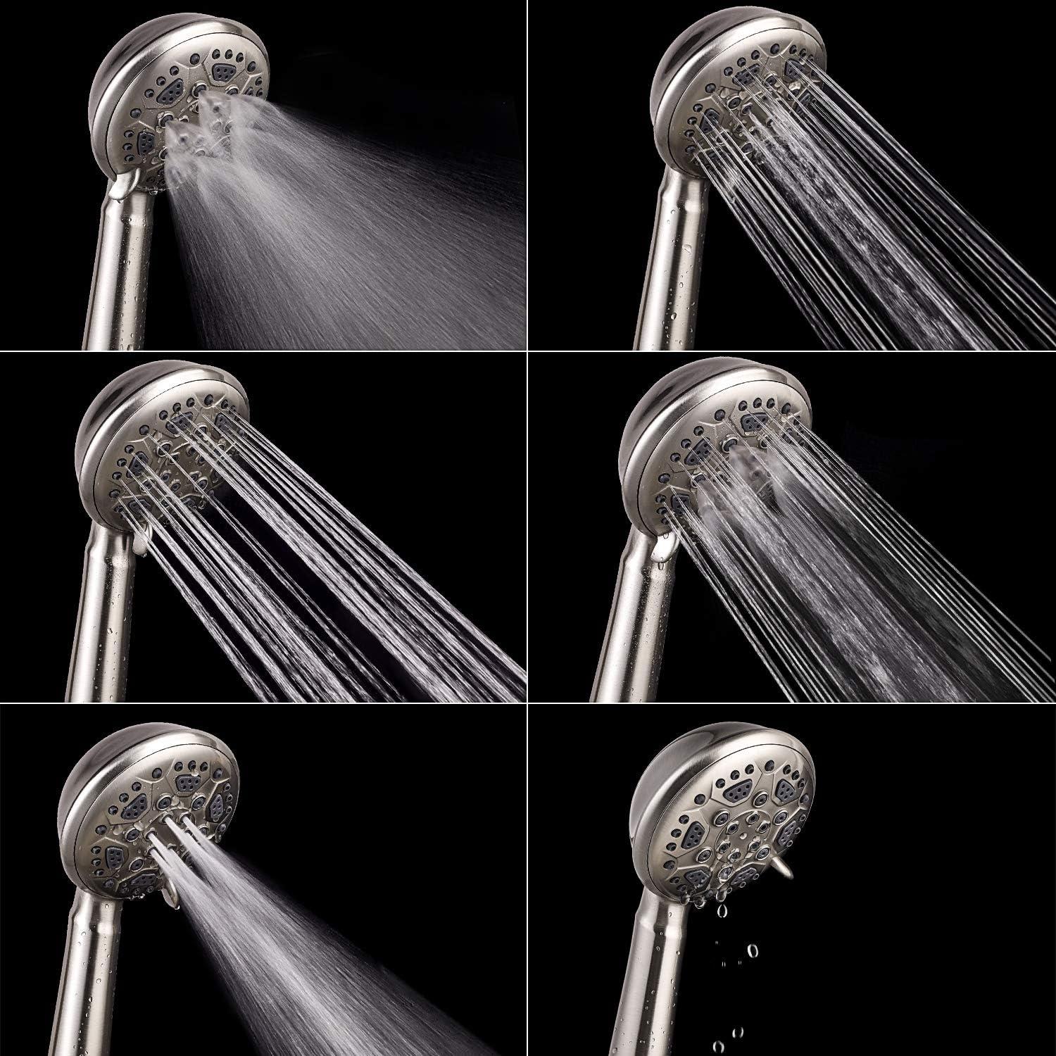 Couradric Handheld Shower Head, 6 Spray Setting High Pressure Shower Head with Brass Swivel Ball Bracket and Extra Long Stainless Steel Hose, Brushed Nickel, 5"