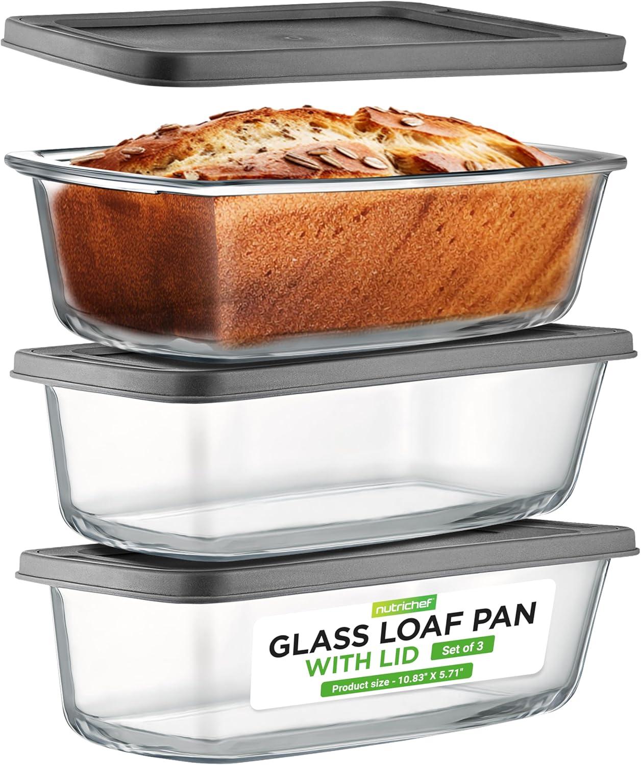 3-Piece Glass Loaf Pan Set - 1.9 QT Premium Stackable Food Containers w/ Airtight Locking Lid - Oven, Microwave, & Dishwasher Safe - 62oz Bread Pan Dish, Clear Glass