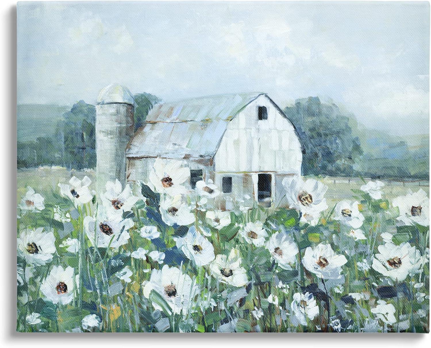 White Barn and Flower Meadow Canvas Wall Art