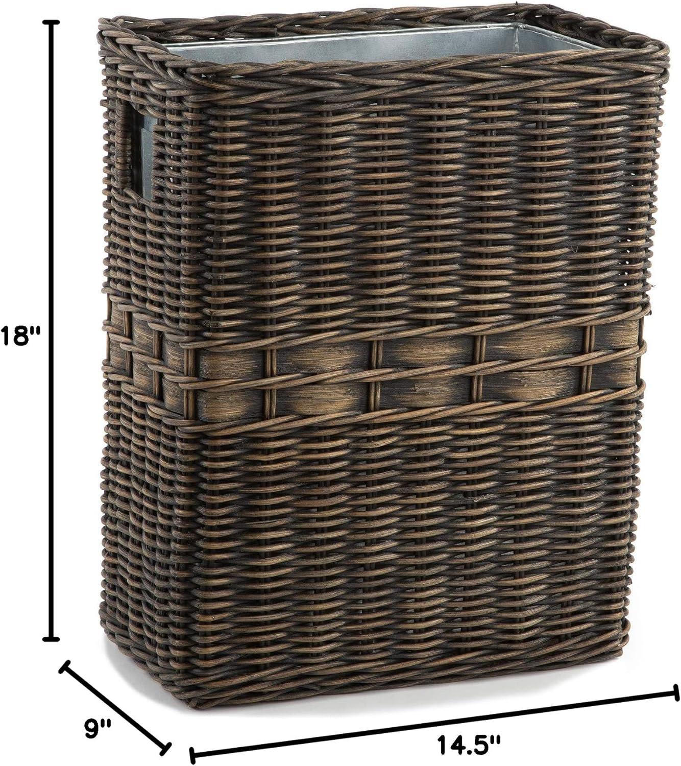 Killeryuki Large Rectangular Wicker Waste Basket with Metal Liner, 14.5 in L x 9 in W x 18 in H, Antique Walnut Brown