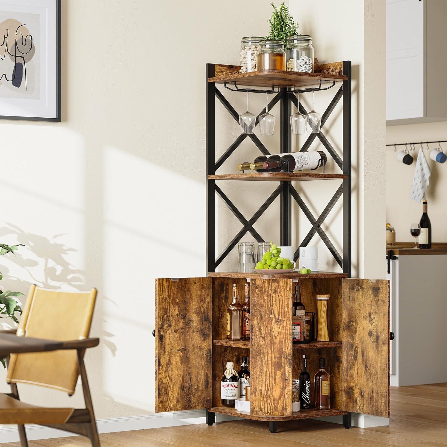 Rustic Brown 5-Tier Corner Bar Cabinet with Glass Holder