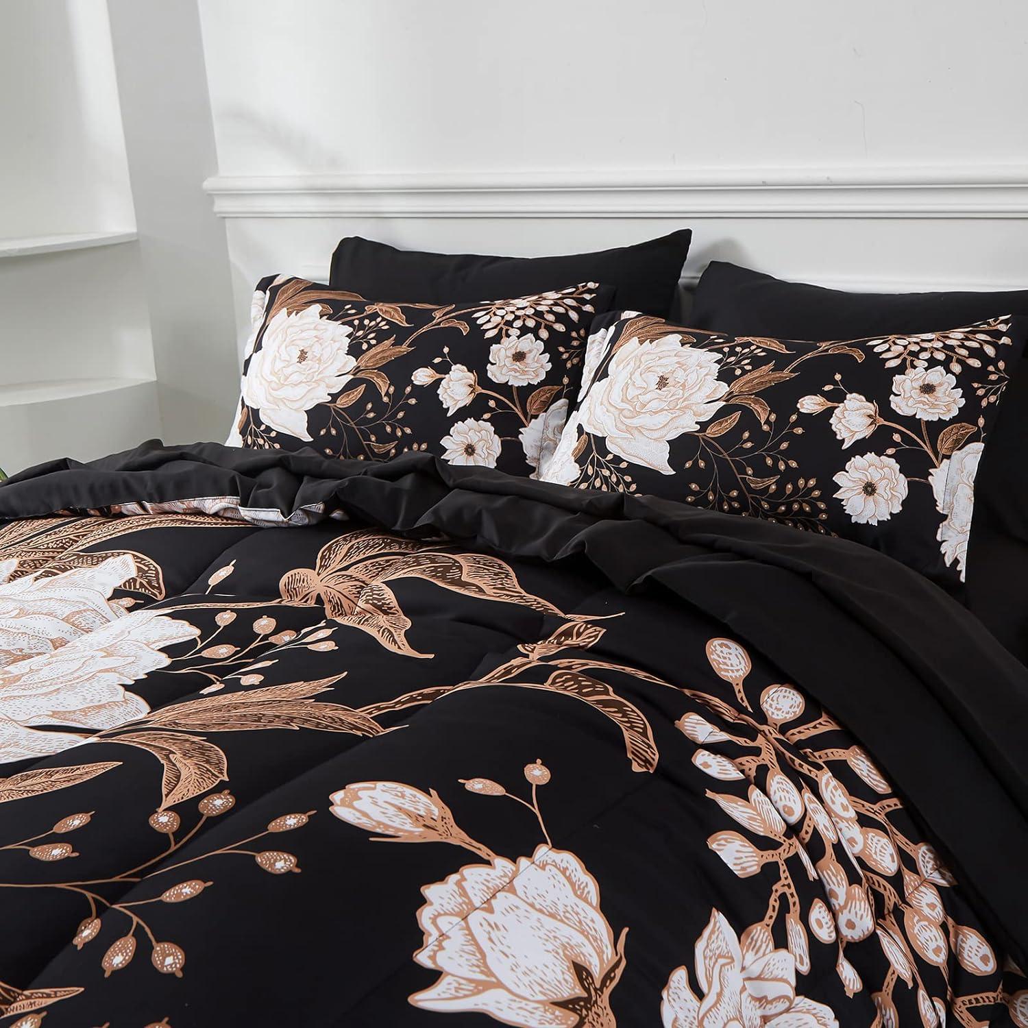 DANTUL 7 Piece Bed In A Bag Queen Comforter Set Botanical Floral Bedding Set,White Flowers Leaves Printed On Black Reversible Design,Soft Microfiber Comforter With Sheet Set,All Season