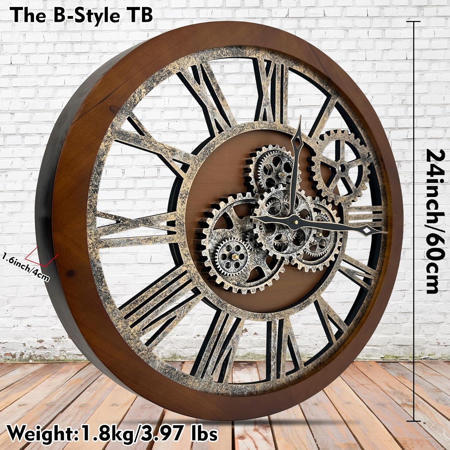 Wall Clock 24" Round Oversized for Living Room decor with Real Moving Gears America Collection