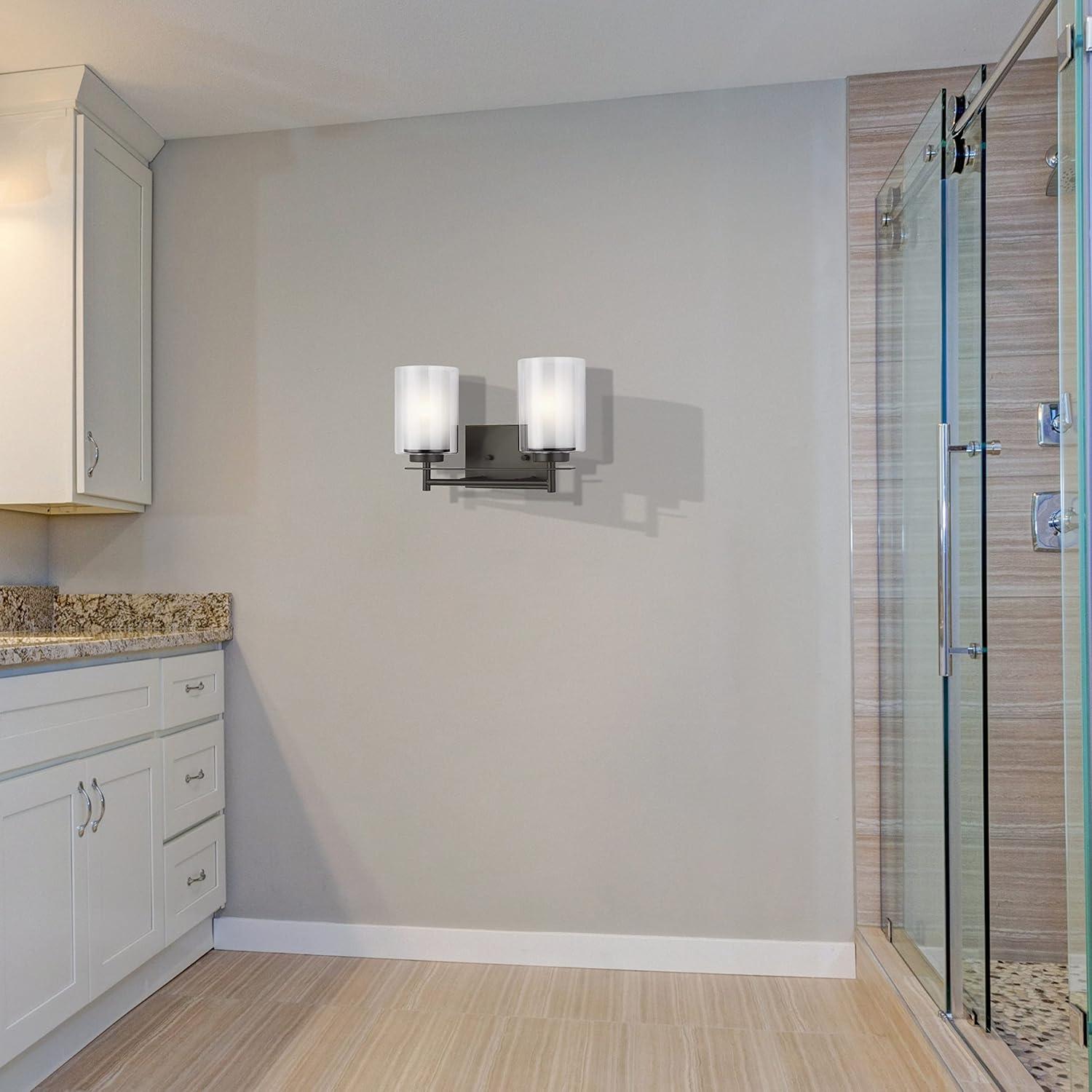 Elmwood Park 13.25 in. 2-Light Bronze Modern Transitional Bathroom Vanity Light with Satin Etched Glass Shades
