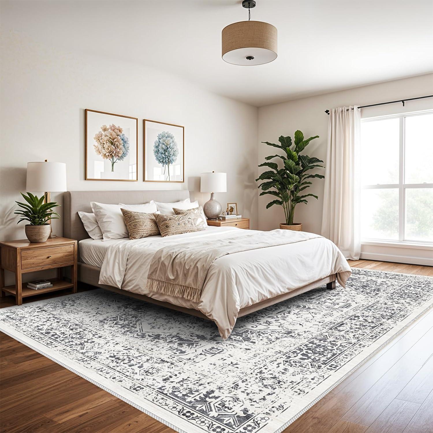 10x14 Large Area Rug - Vintage Washable Rug for Living Room with Non-Slip Low-Pile Traditional Medallion Border Rugs with Stain Resistant Foldable Retro Accent Indoor Thin Carpet