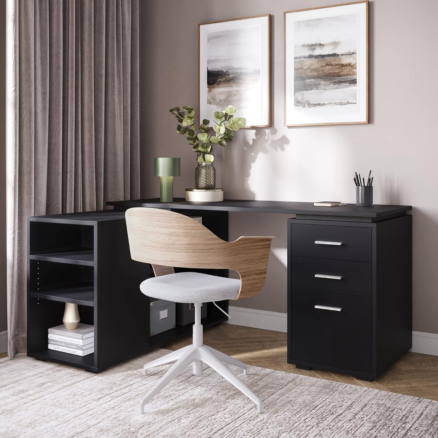 Black Wood L-Shaped Corner Computer Desk with Drawer and Filing Cabinet