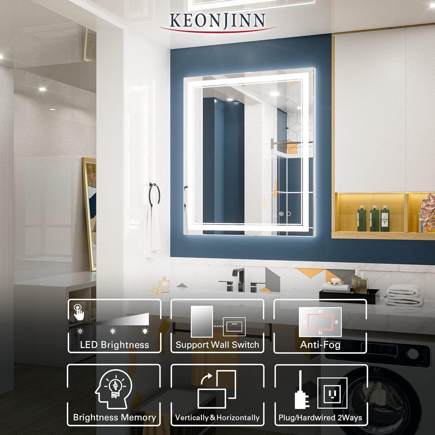 Keonjinn LED Bathroom Mirror with Lights, 30'' x 36''LED Vanity Mirror, Wall Mounted Anti-Fog Dimmable Frameless Frontlit Makeup Mirror, IP54, 6000K(Horizontal/Vertical)