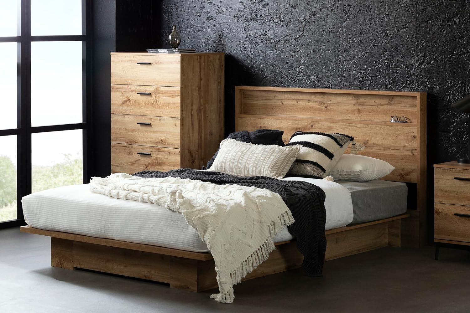 Queen Oak Wood Platform Bed with Single Drawer