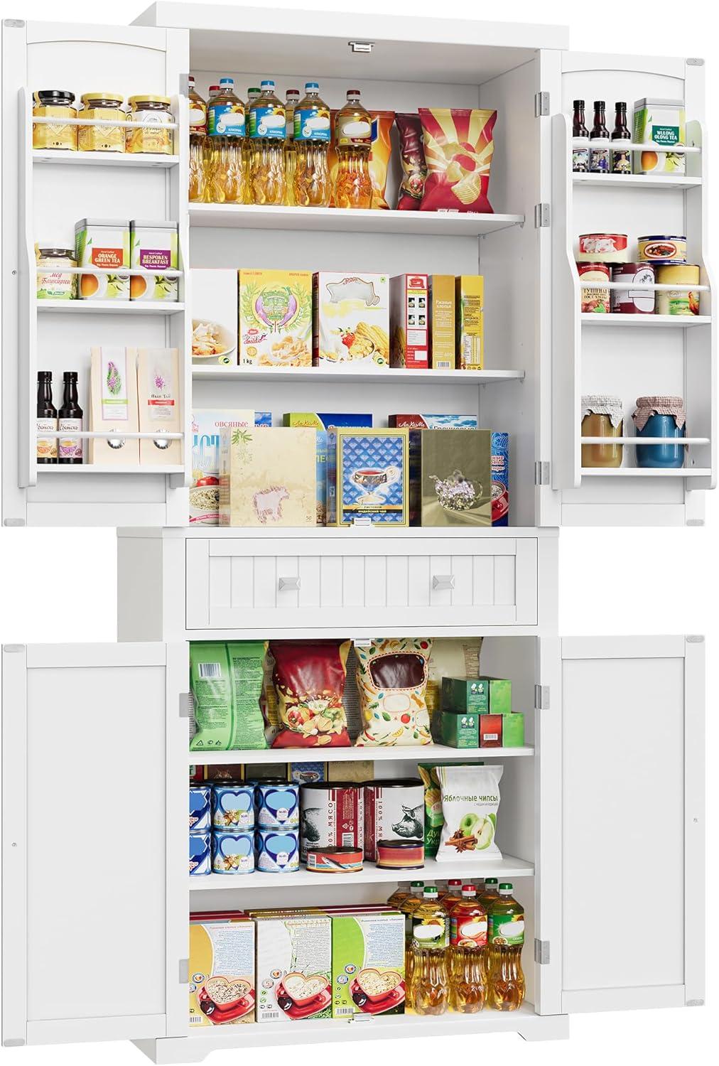 White Tall Freestanding Kitchen Pantry Cabinet with Adjustable Shelves