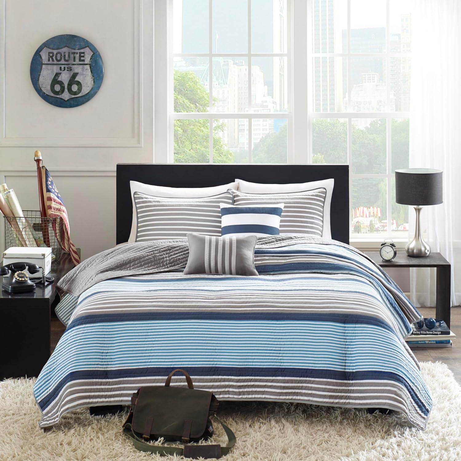 Reversible Gray Microfiber Quilt Set, Twin - Modern Striped Design