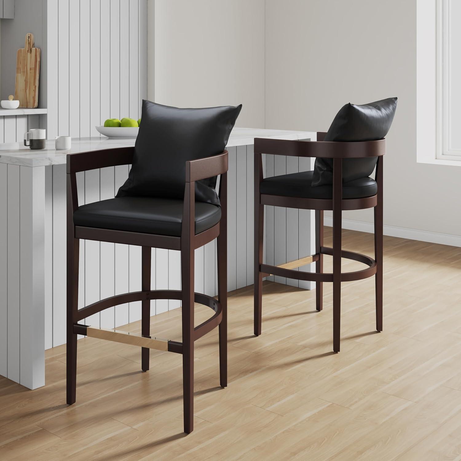 Ritz Upholstered Beech Wood Barstool Black - Manhattan Comfort: Gold Footrest, No Assembly Required, 30.5" Height