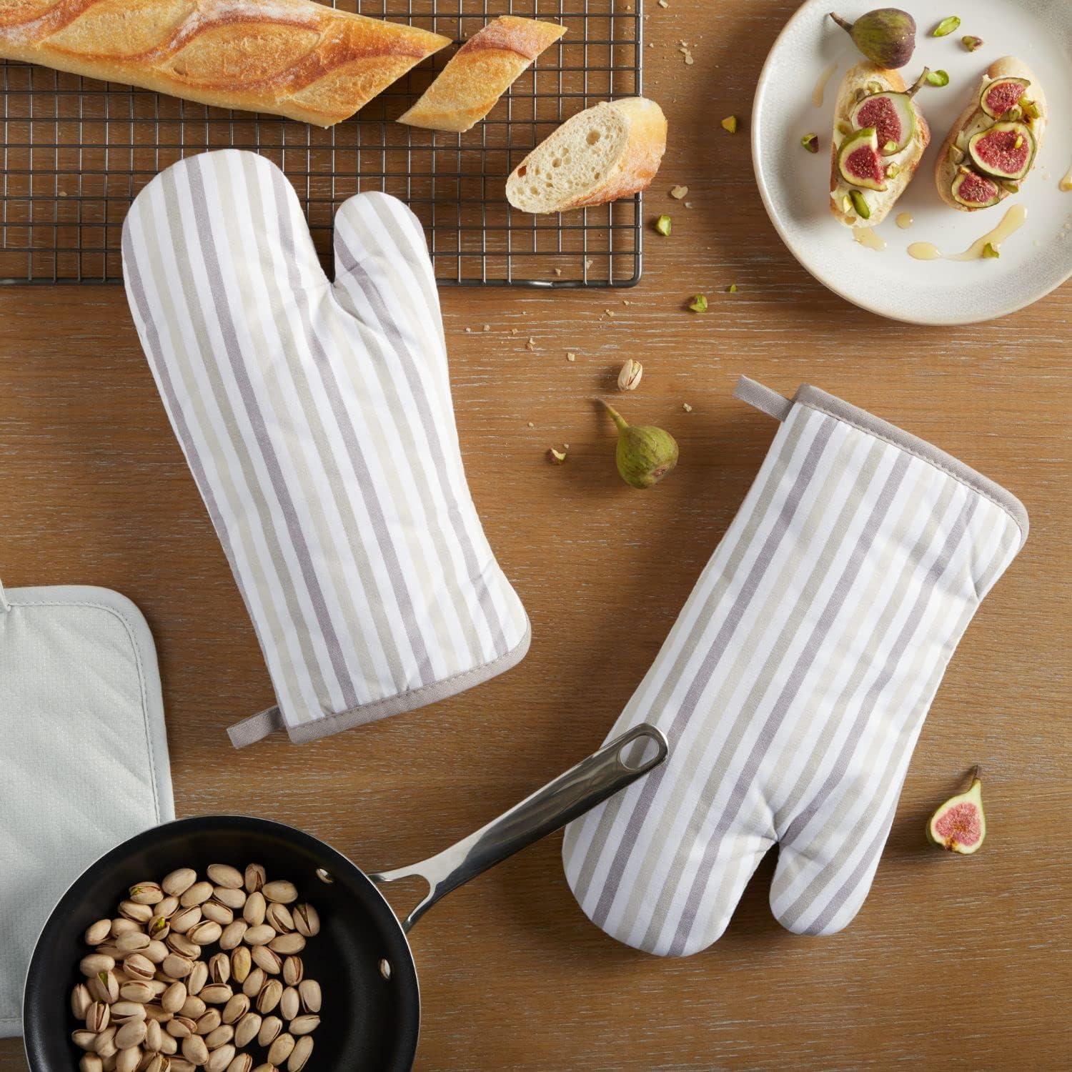 Beige and Brown Striped Cotton Oven Mitt Set, 2-Pack