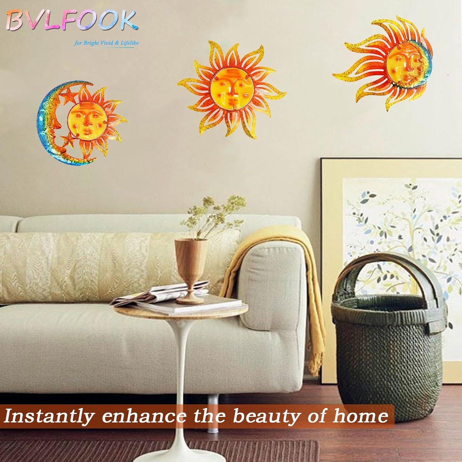 BVLFOOK Sun Face Metal Wall Art Decor Outdoor Indoor, Sun Moon Star, Metal & Glass Hanging Wall Patio Decorations for Outdoor Living Room Bedroom Garden Porch Fence Balcony, Set of 3, 9 inch Large