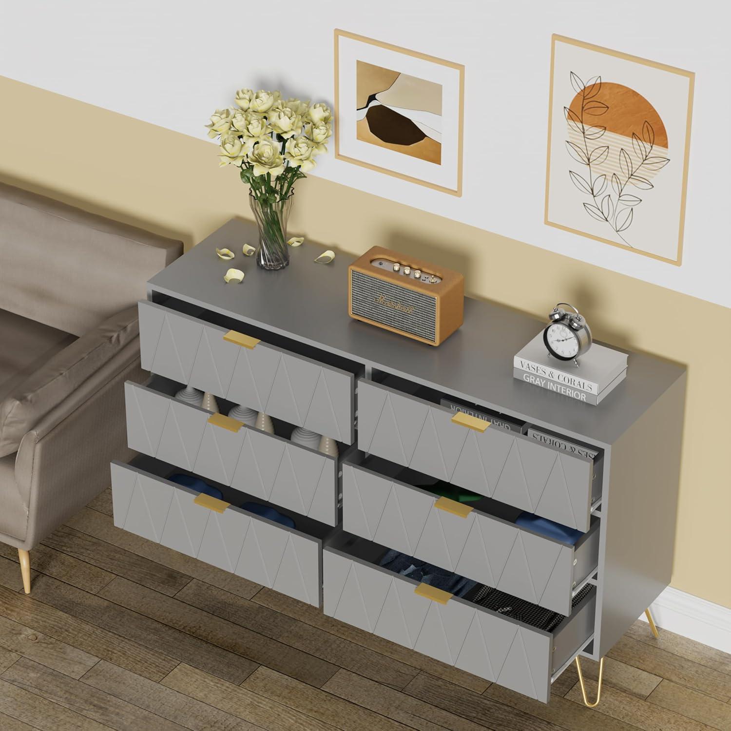 eclife 6 Drawer Dresser Drawer Chest Tall Storage Cabinet Organizer Unit Bedroom Living Room Large-Gray