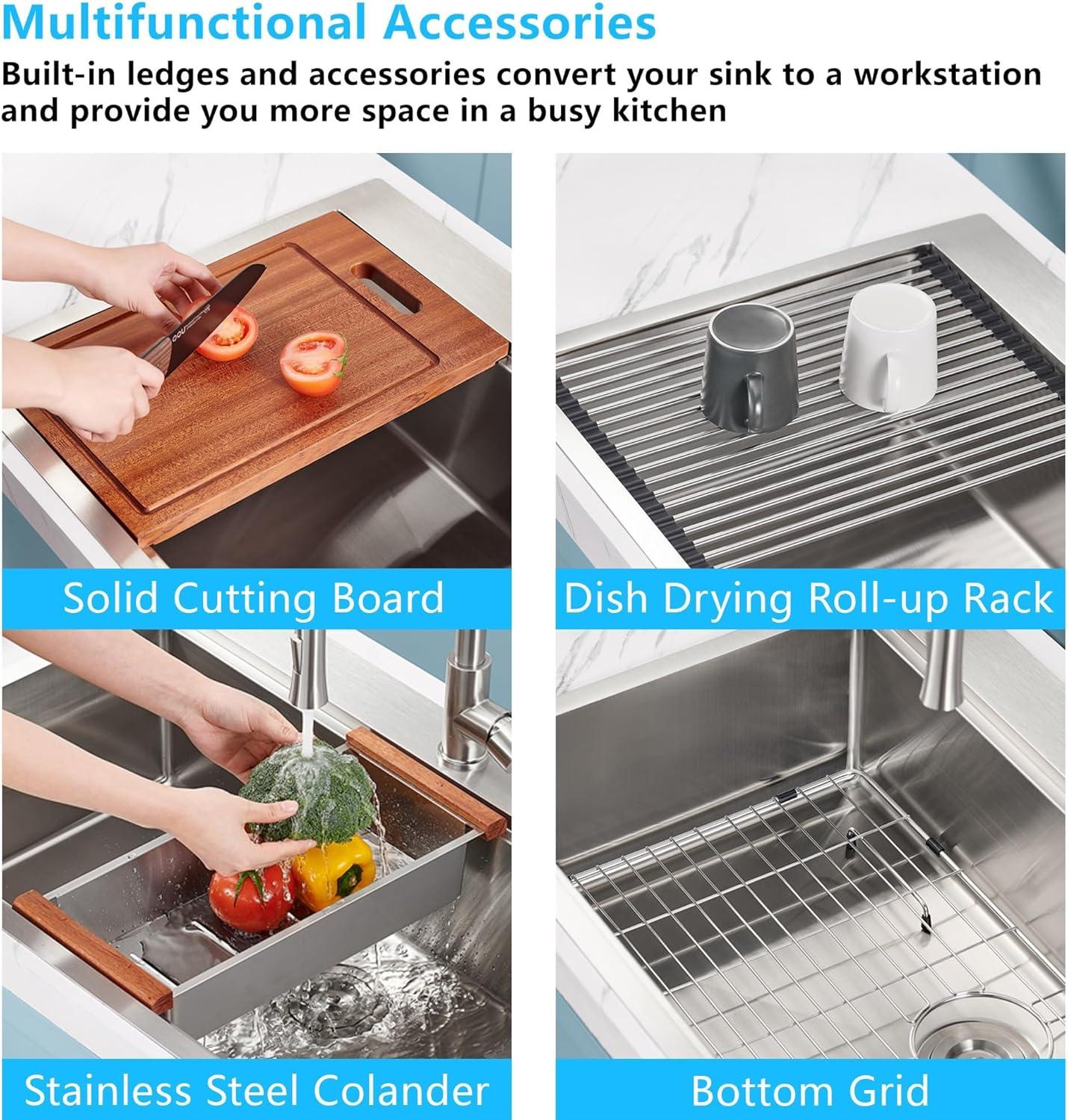 30 x 22 inch Farmhouse Kitchen Sink, Workstation Ledge 18 Gauge Stainless Steel Sink Modern Apron-front Single Bowl Kitchen Sink