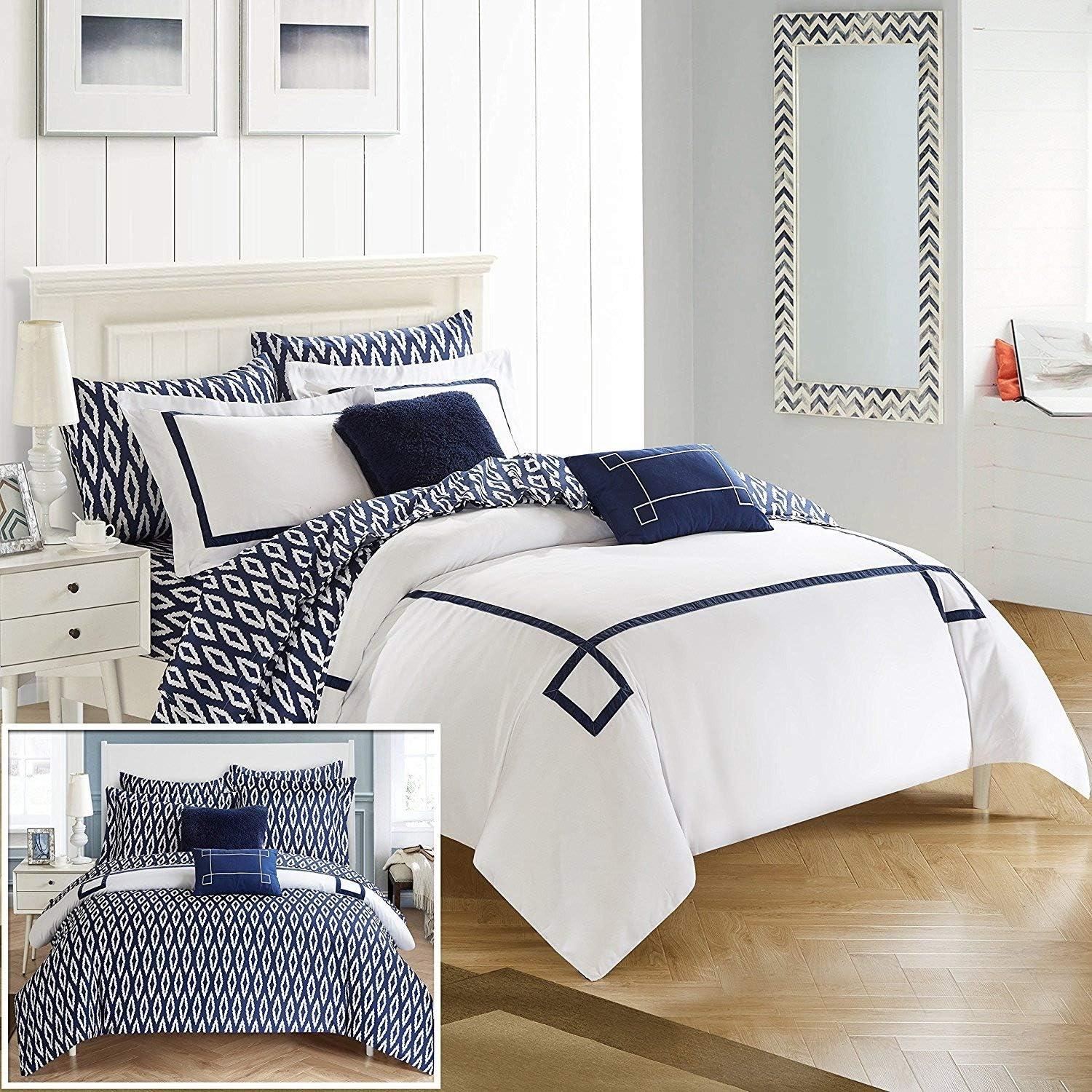 Navy and White Greek Key Embroidered Reversible Comforter Set, Queen