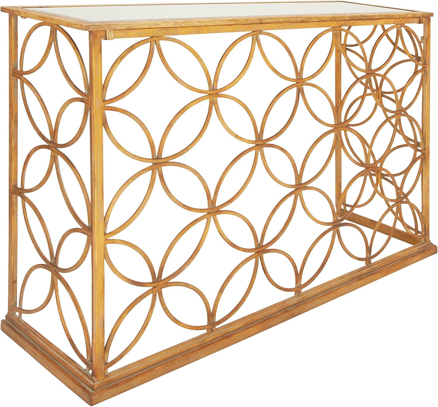 DecMode 47" x 32" Gold Metal Geometric Console Table with Mirrored Glass Top, 1-Piece