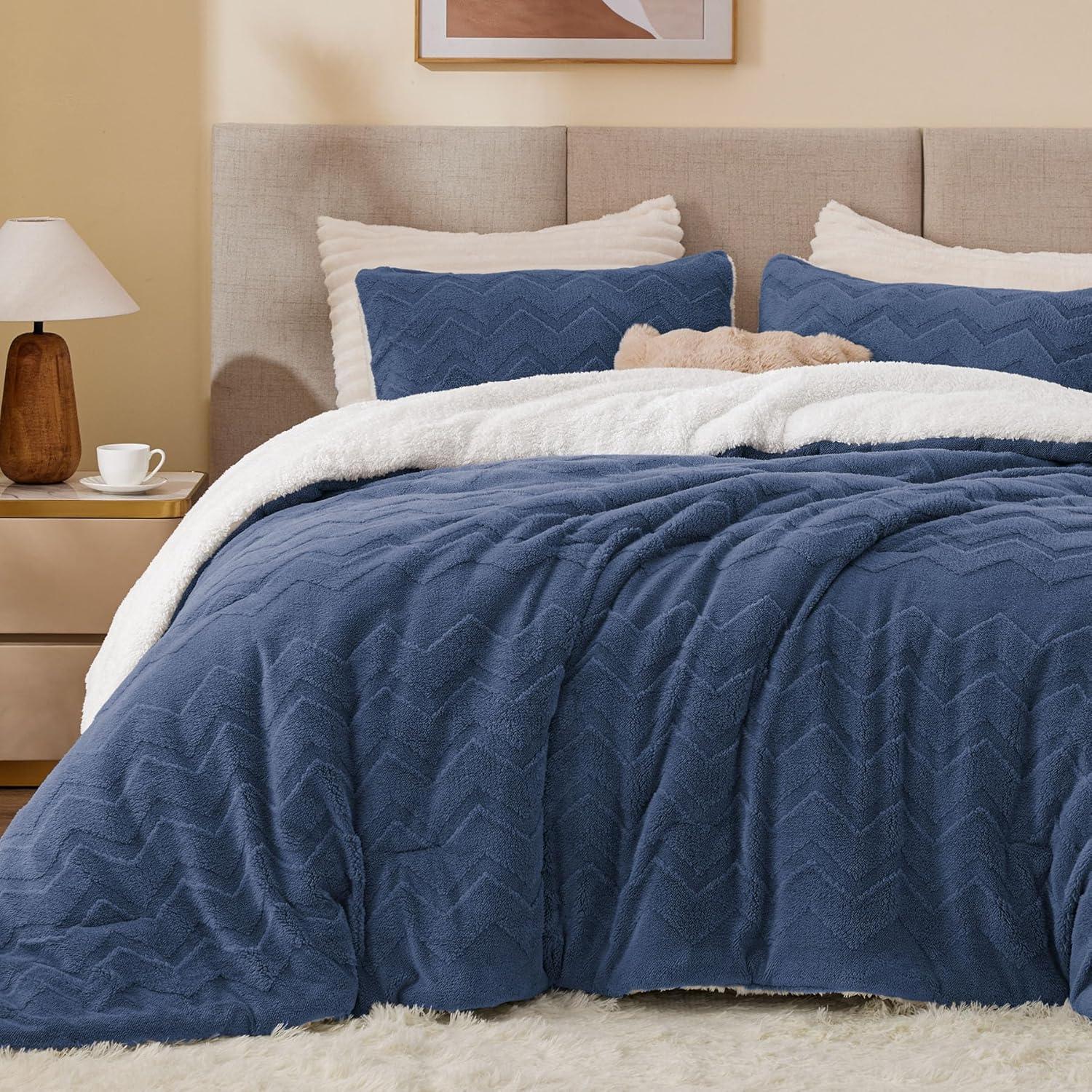 Navy Blue Sherpa Reversible Queen Comforter Set