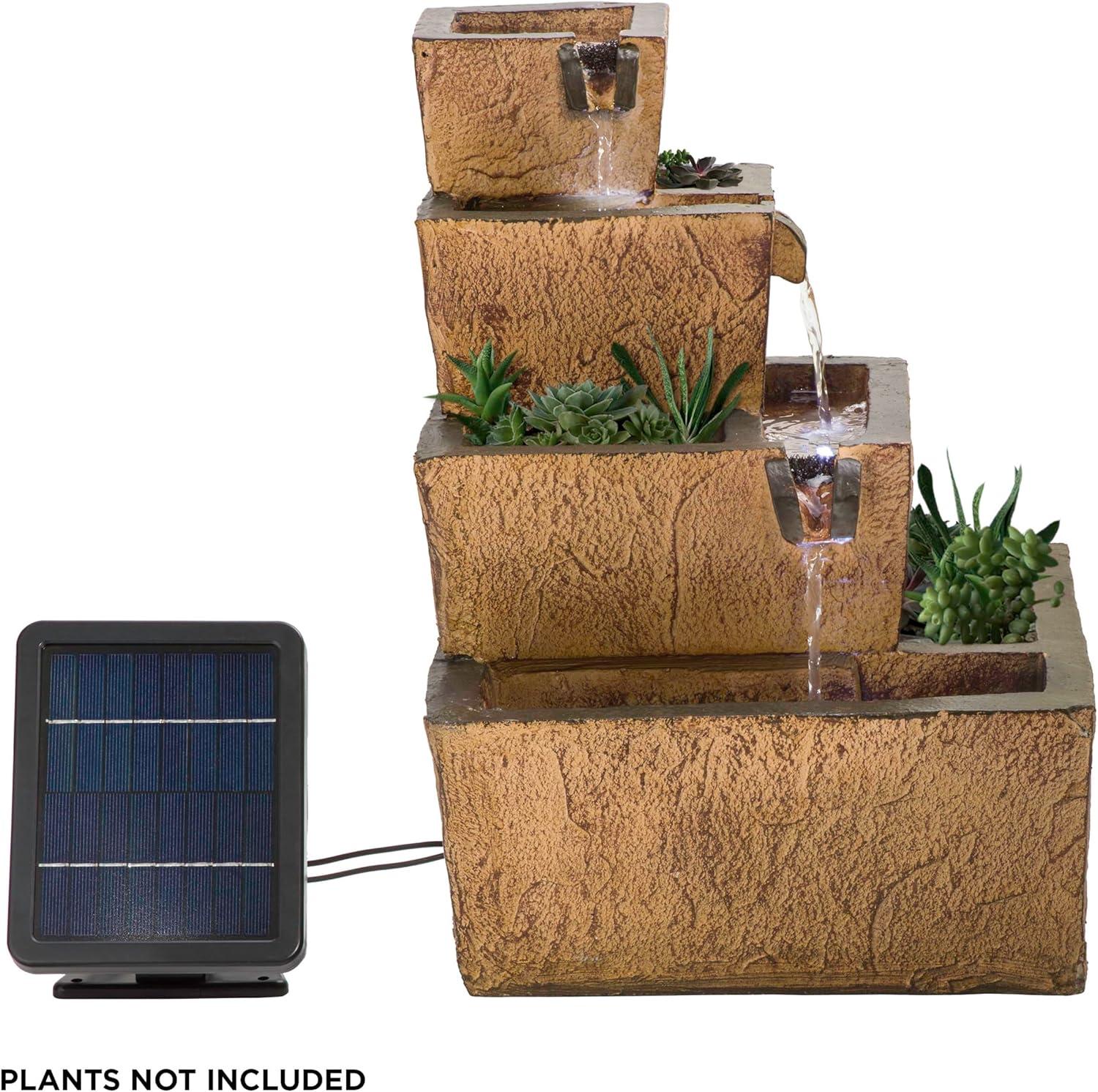 Rustic Brown Solar-Powered Tiered Fountain with LED Lights