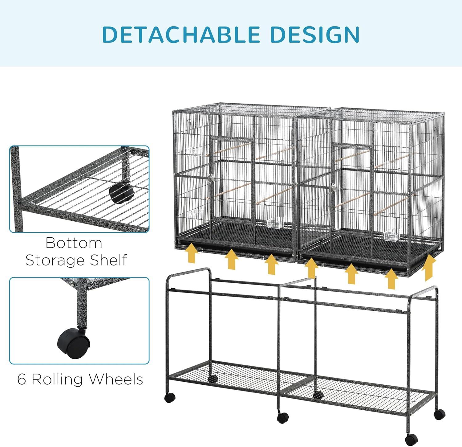 Pawhut 65" Double Rolling Metal Bird Cage Feeder With Detachable Rolling Stand, Storage Shelf, Wood Perch & Food Container