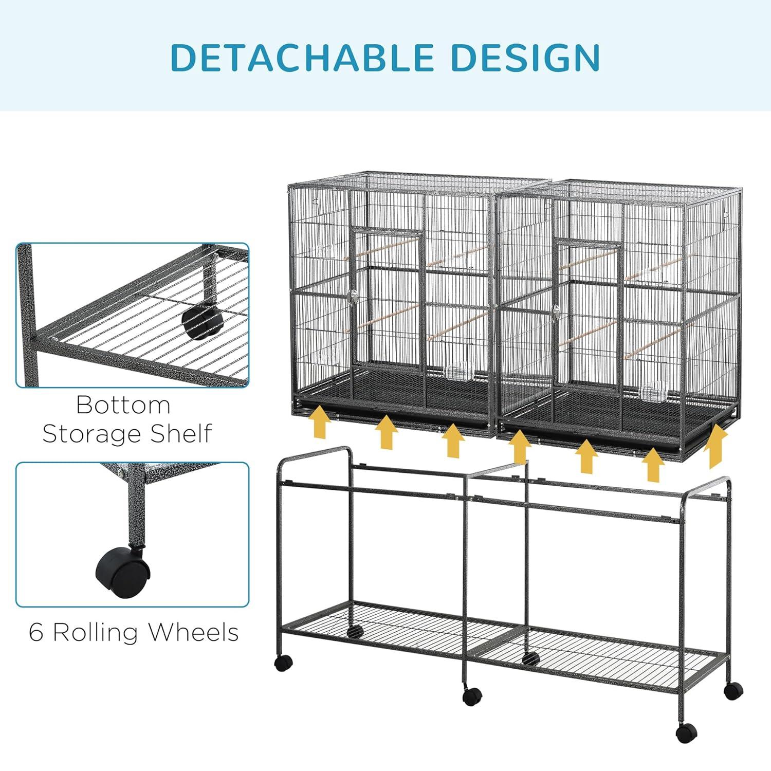 Pawhut 65" Double Rolling Metal Bird Cage Feeder With Detachable Rolling Stand, Storage Shelf, Wood Perch & Food Container