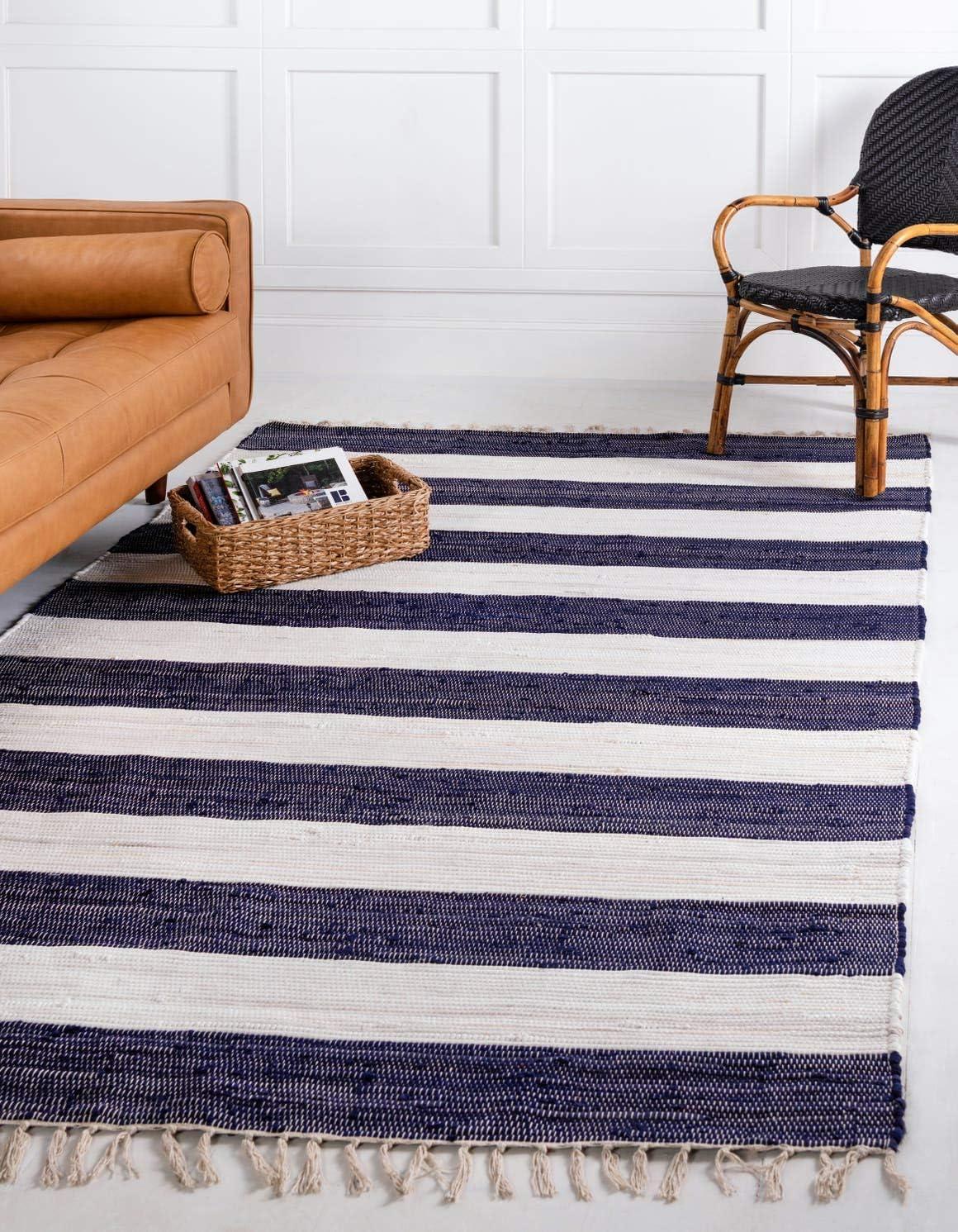 Handmade Navy Blue Rectangular Braided Stripe Rug