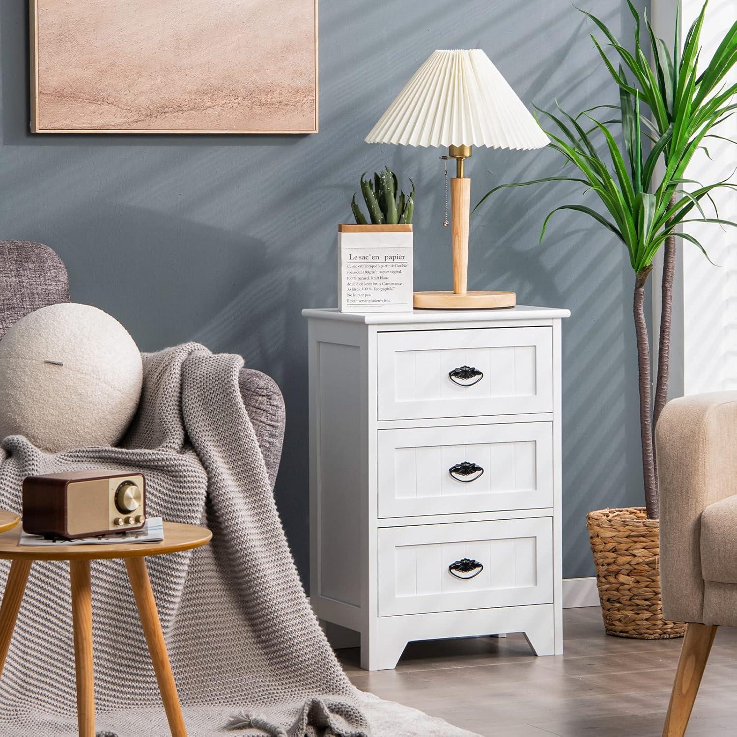 Elegant White 3-Drawer Nightstand with Vintage Metal Handles