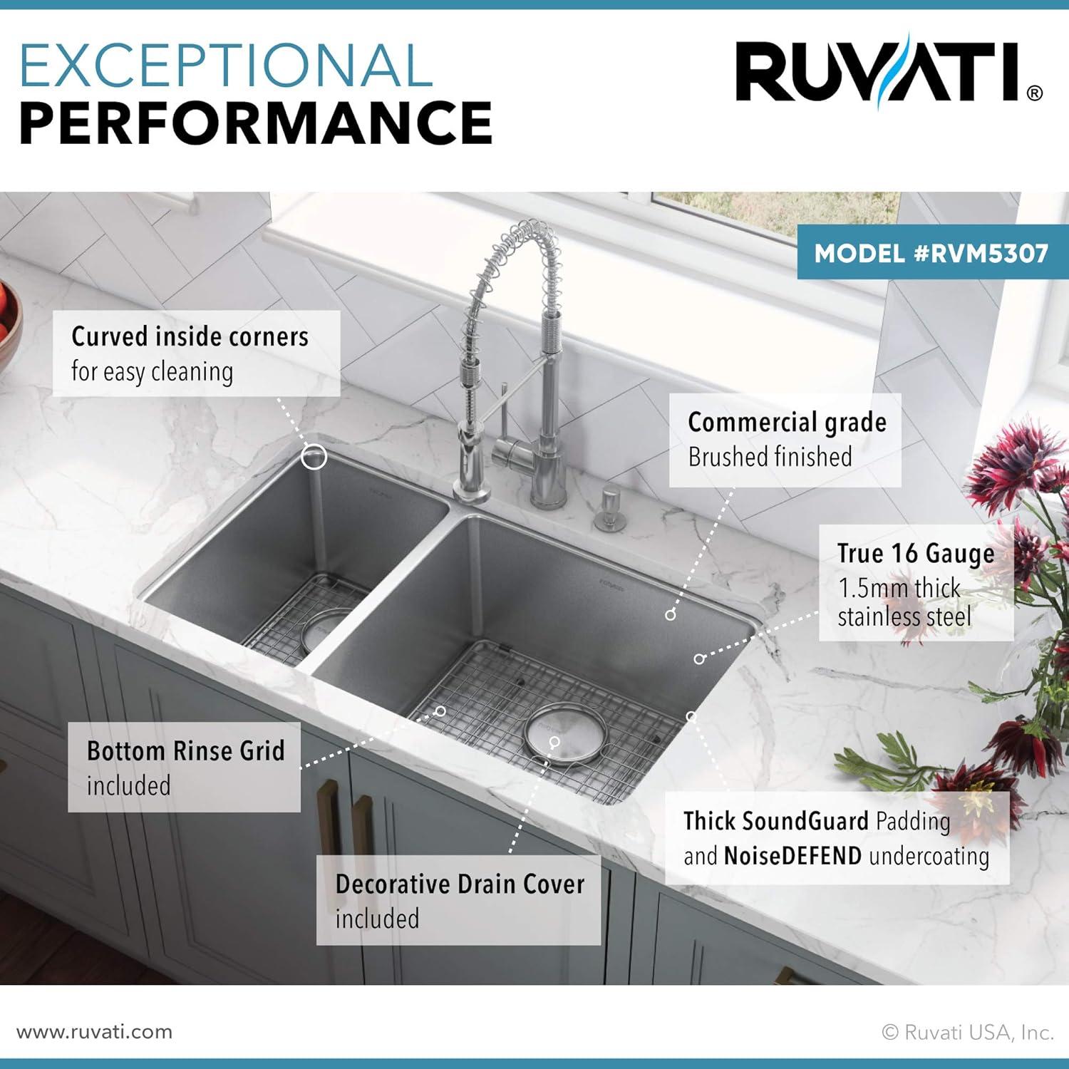 Ruvati 32-inch Undermount Kitchen Sink Double Bowl 16 Gauge Stainless Steel