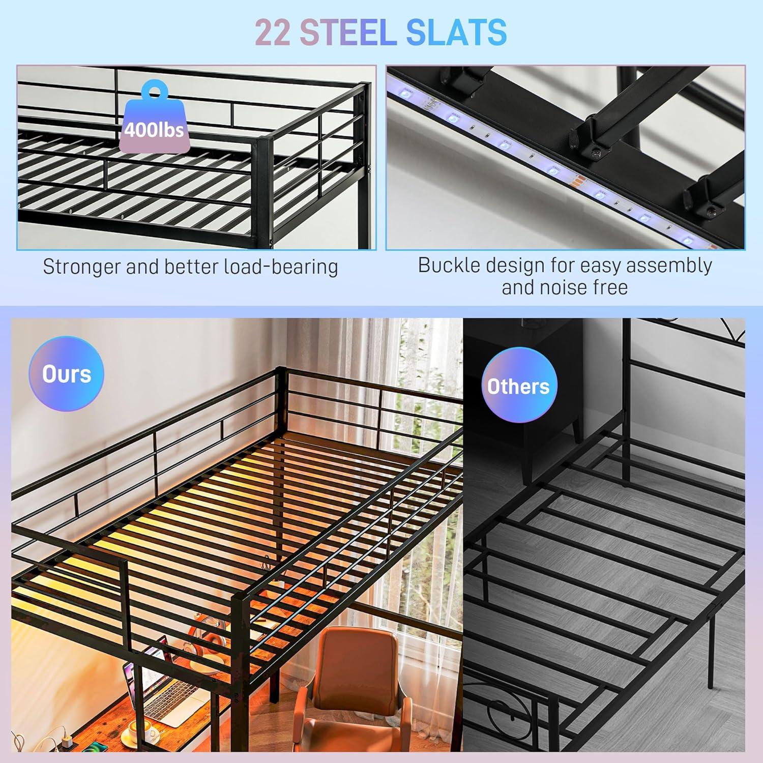 HOMCOM Twin Loft Bed with Desk, LED Lights, Charging Station, Twin Size Metal Loft Bed Frame with Safety Guardrail, Ladder, Noise Free, Black
