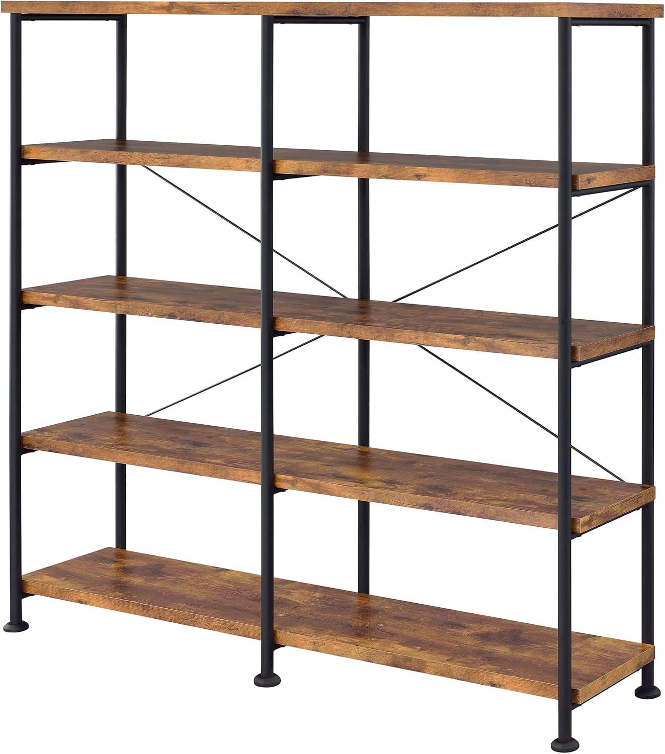 Contemporary 60'' Black and Antique Nutmeg Double Wide Bookcase