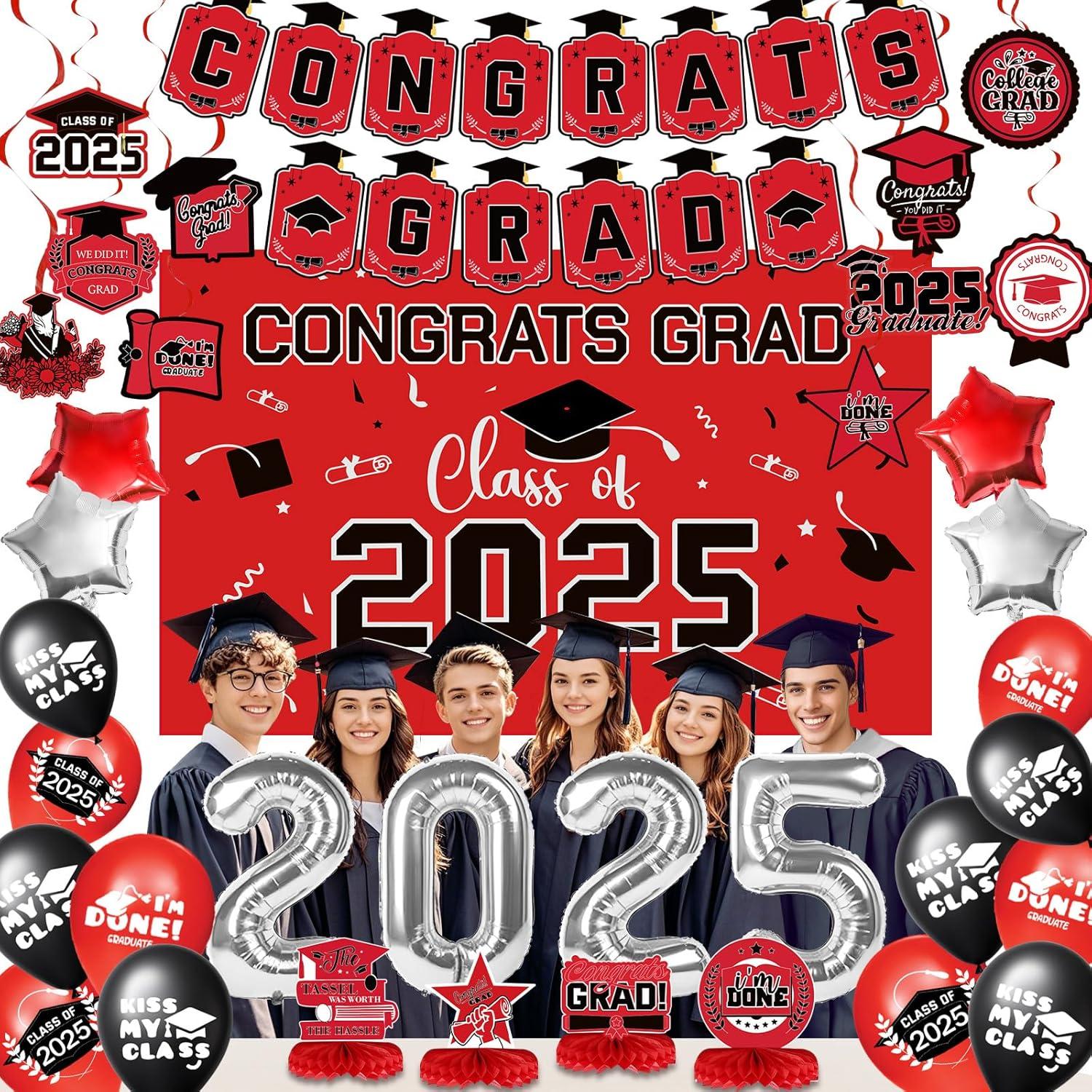 2025 Graduation Party Decoration, Red Gold Themed Set with Congrats Grad Banner, Balloons, Foil Number 2025 for Class of 2025 Graduation Party Supplies