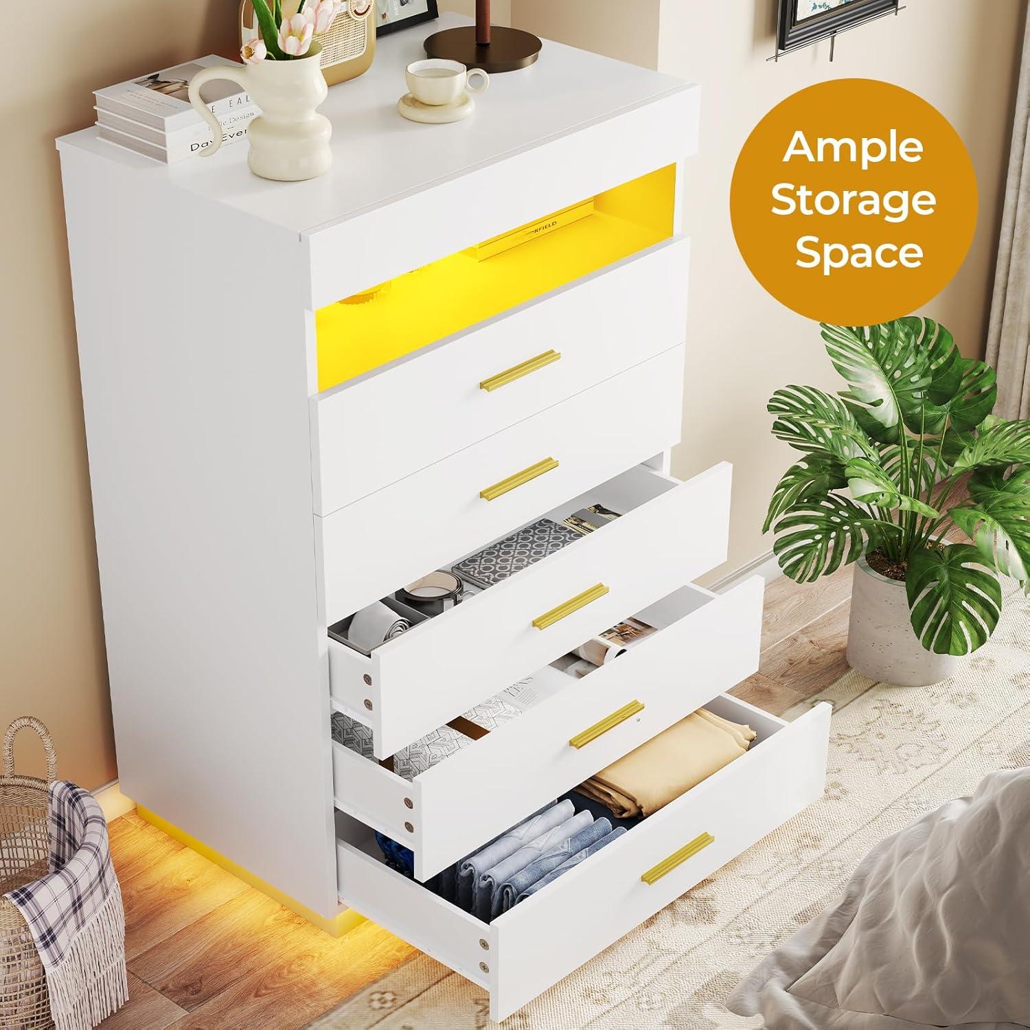 4 Drawer Dresser with LED Lights&Pull Out Tray, Tall Floating Chest of Drawers with Open Storage for Bedroom Living Room, White