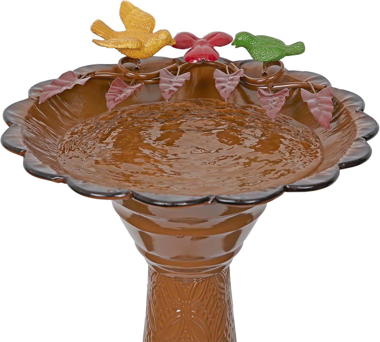 Brown Metal Pedestal Birdbath with Floral Basin, 28"