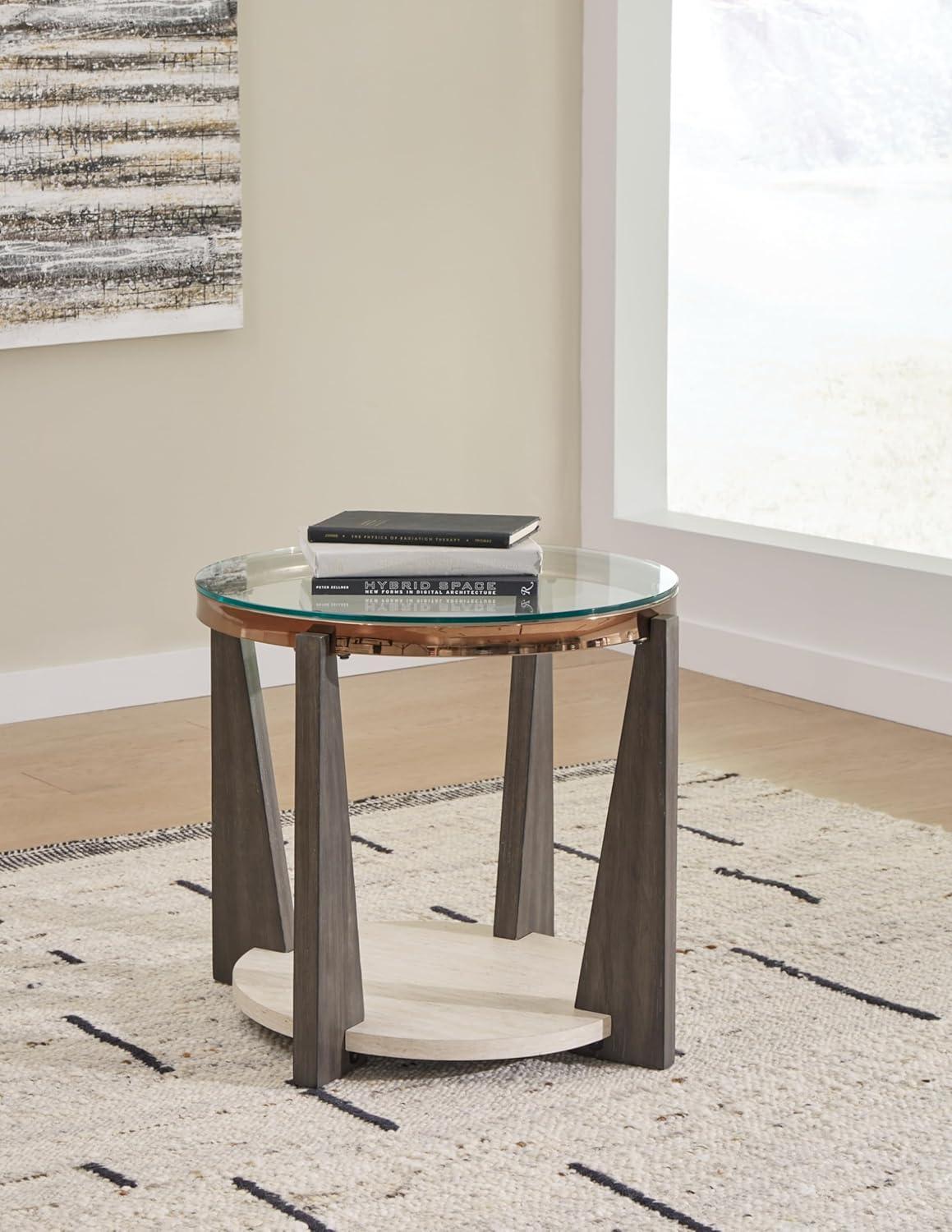 Round Beige and Brown Wood Metal End Table with Glass Top