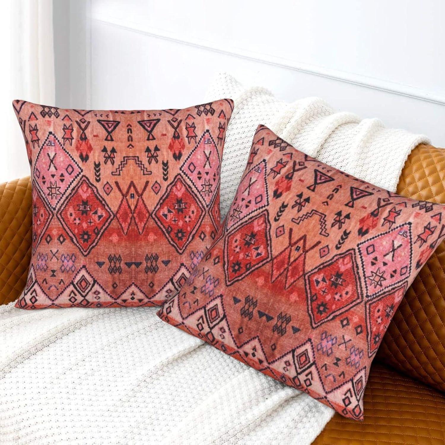 Set of 2 Throw Pillow Cover Boho Farmhouse Oriental Traditional Moroccan Style Throw Pillow Case Soft Velvet Decorative Home Decor Living Room Cushion Case for Bed Couch Car 18x18 Inch