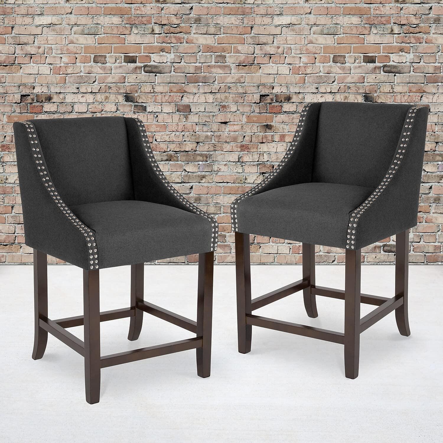 Flash Furniture Carmel Series 24" High Transitional Walnut Counter Height Stool with Nail Trim in Charcoal Fabric, Set of 2