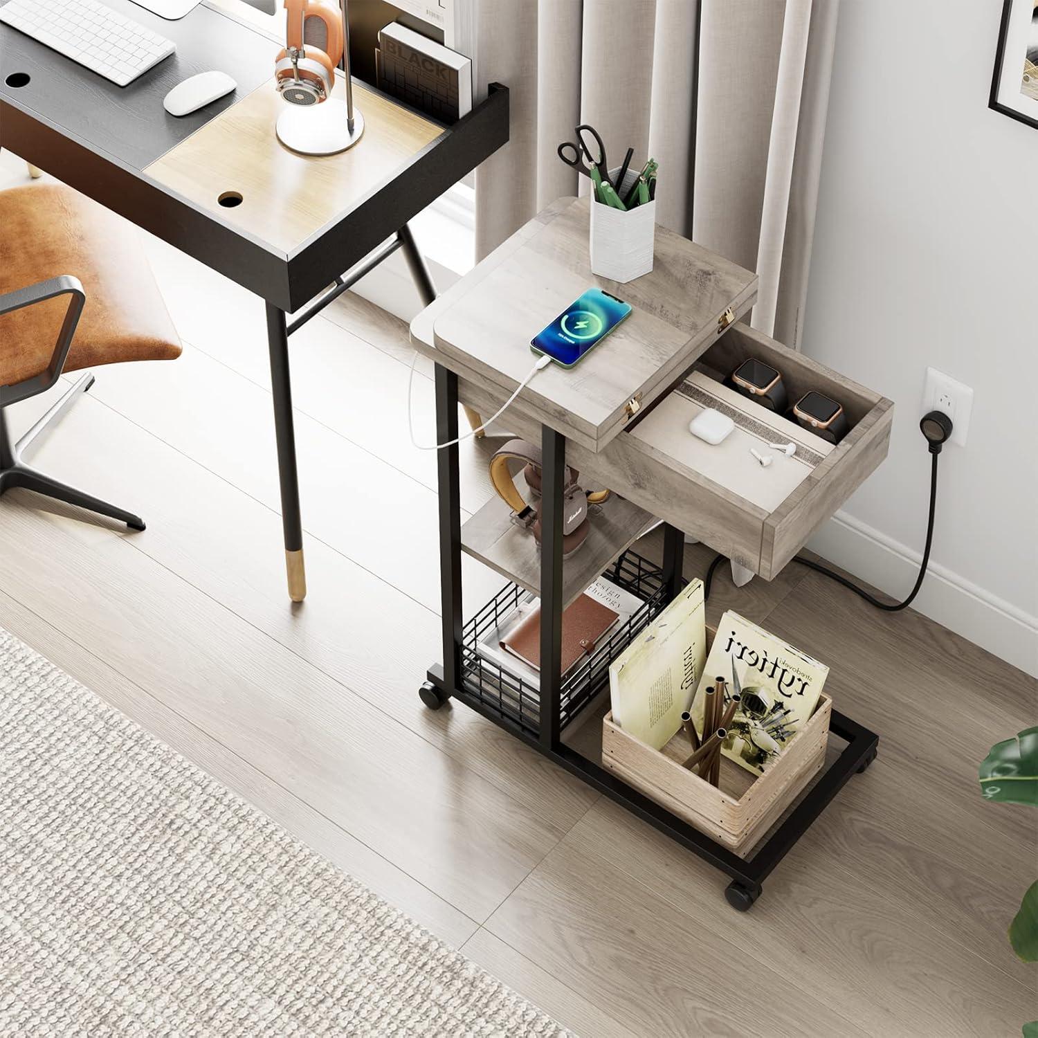 C-Shaped Side Table with Charging Station, Flip Top End Table with USB Ports and Outlets