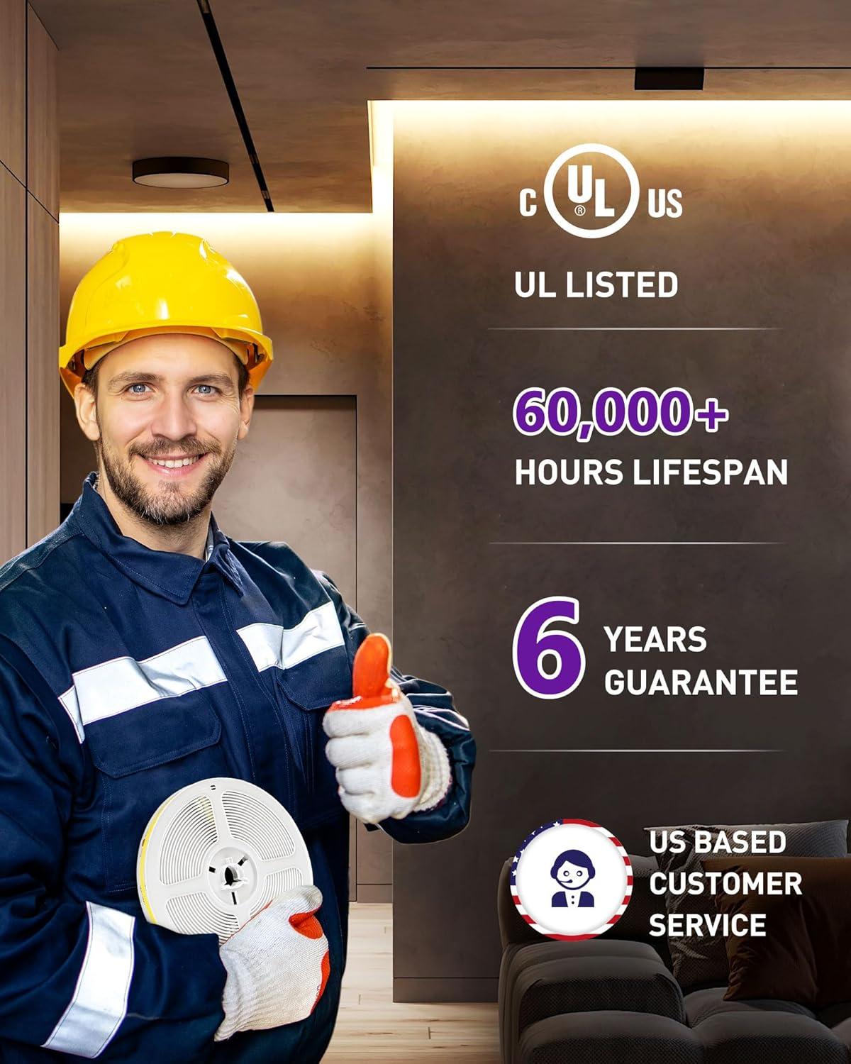 HitLights COB LED Strip Lights Warm White 3000K, 16.4ft Premium High Density 24V Tape Light, 2560 LEDs, 350+ LM/FT, CRI 90+, IP30, Lighting for Kitchen, Cabinets, UL Listed (Power Source Not Included)