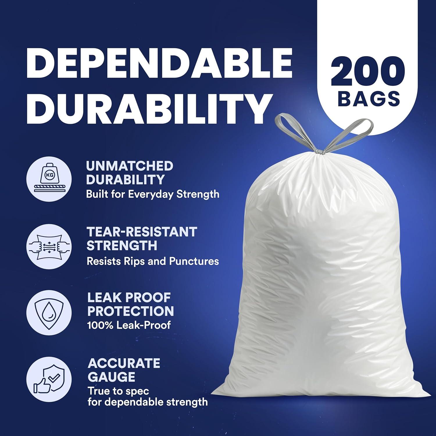 Plasticplace 13 Gallon Extra Tall Drawstring Kitchen Bags, 200 Count, White