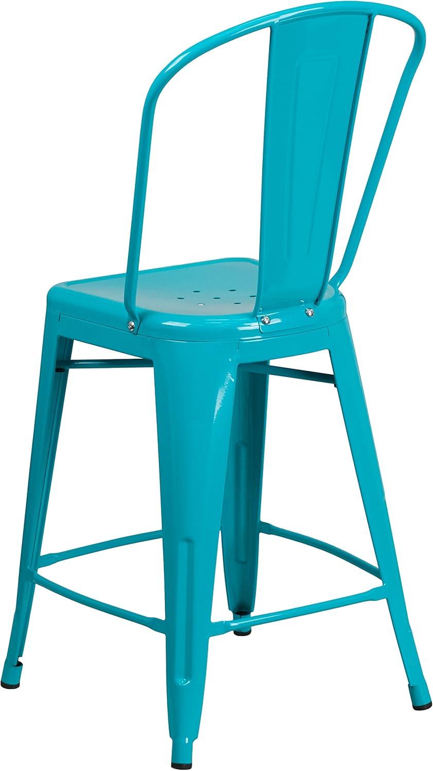Emma and Oliver Commercial Grade 24"H Teal-Blue Metal Indoor-Outdoor Counter Stool w/ Back