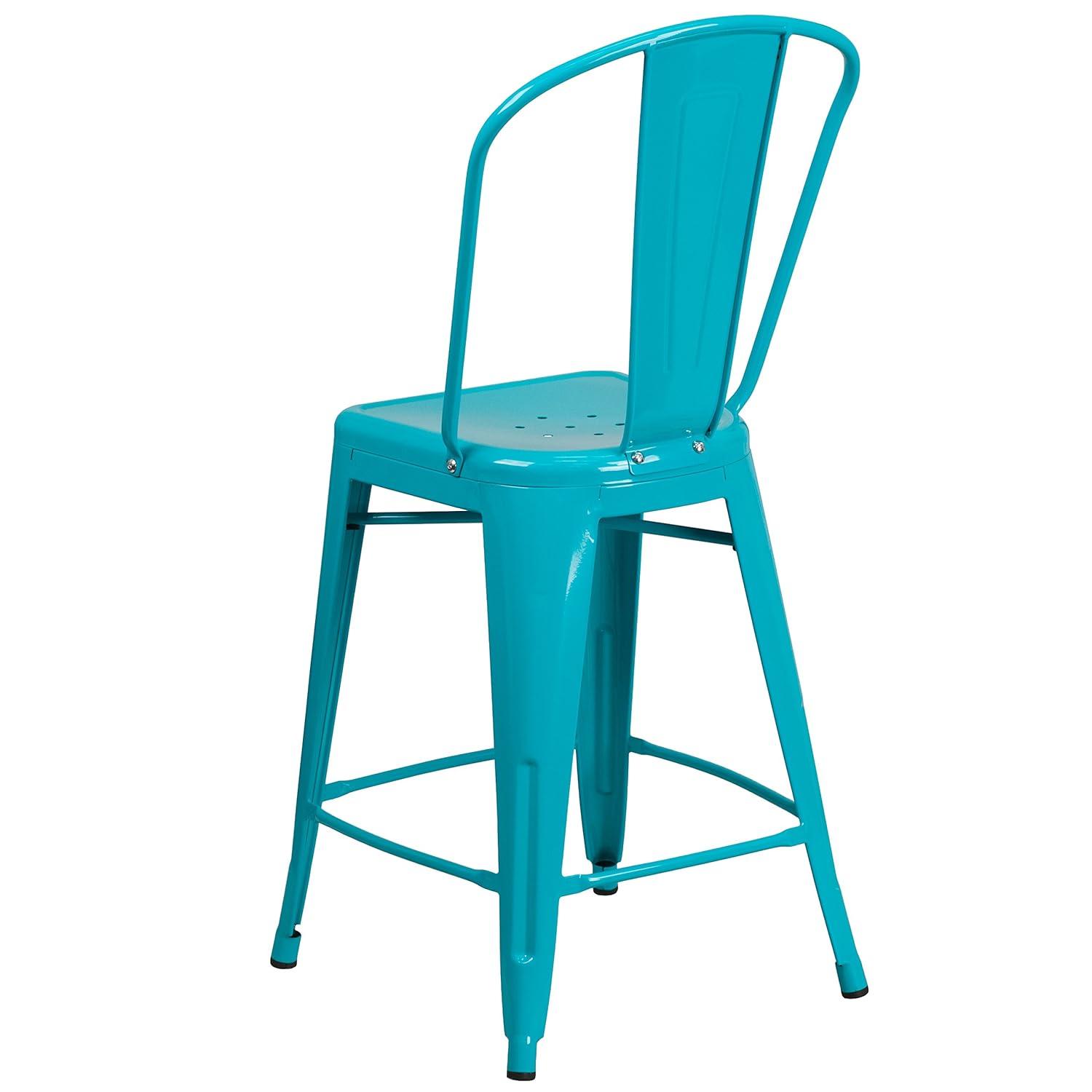 Emma and Oliver Commercial Grade 24"H Teal-Blue Metal Indoor-Outdoor Counter Stool w/ Back
